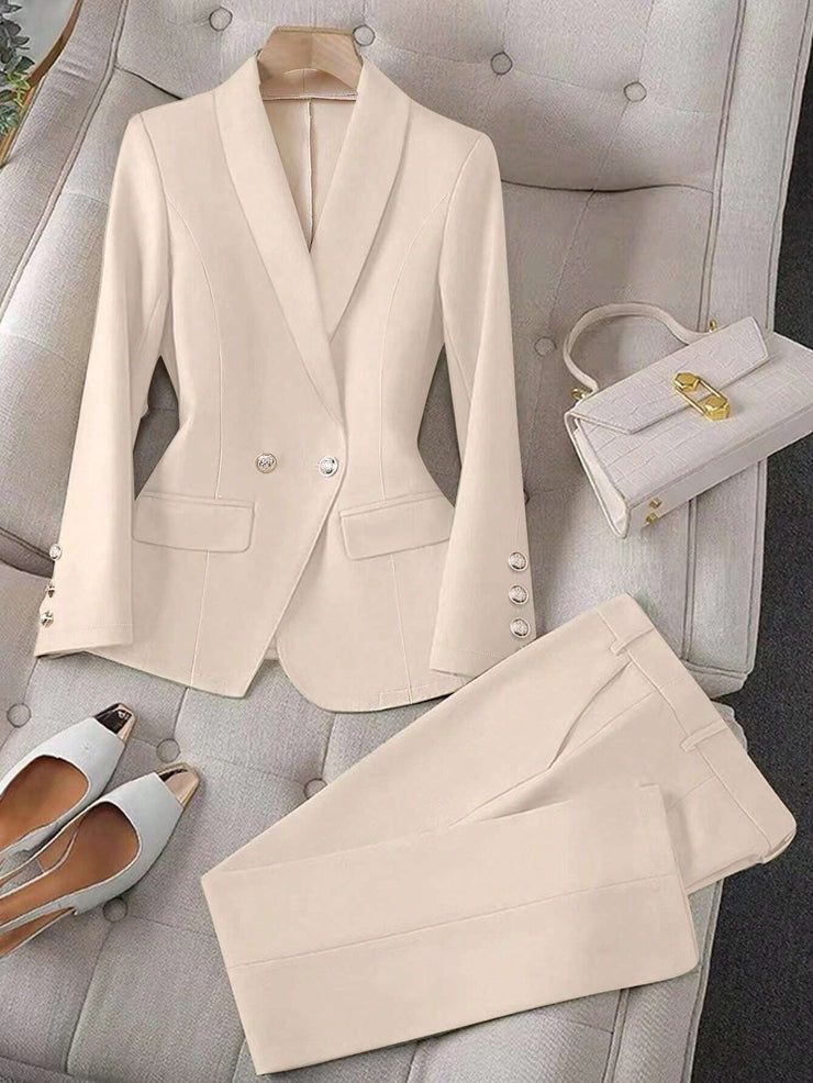 Calvaya Apricot Double-Breasted Long Sleeve Blazer And Pants Elegant Women's Suit Set