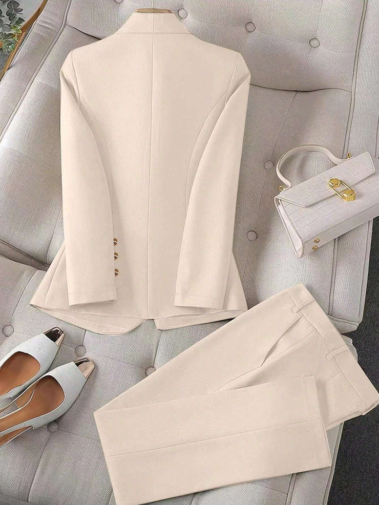 Calvaya Apricot Double-Breasted Long Sleeve Blazer And Pants Elegant Women's Suit Set