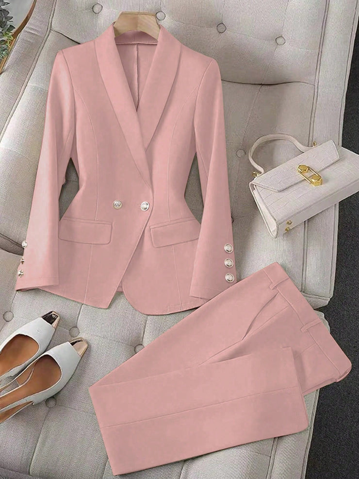 Calvaya Apricot Double-Breasted Long Sleeve Blazer And Pants Elegant Women's Suit Set