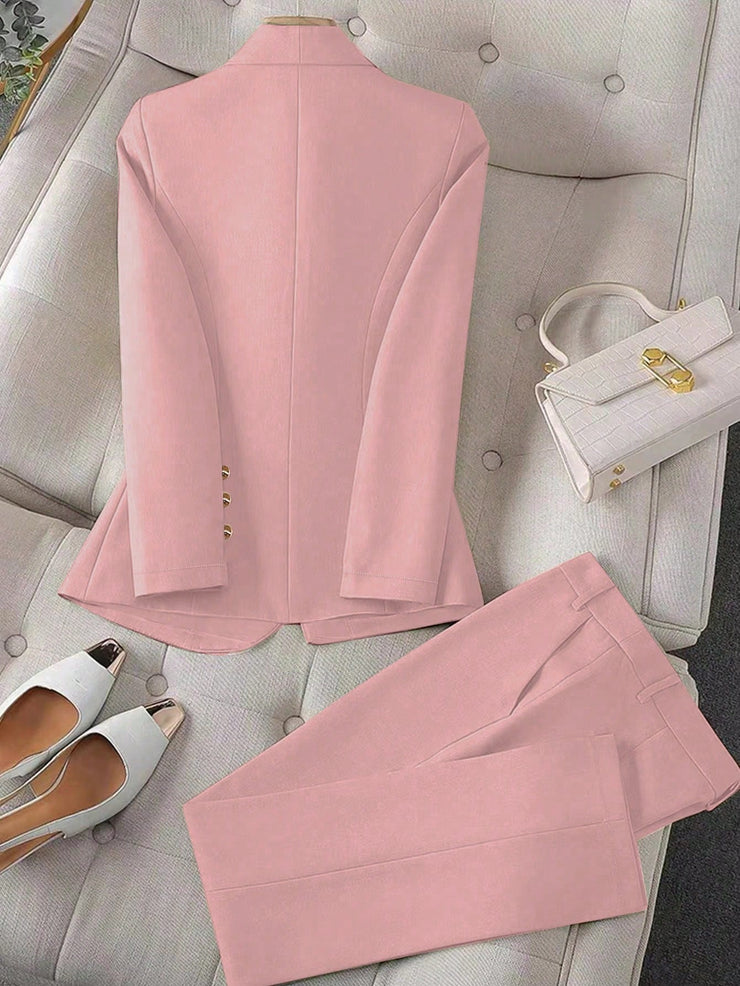 Calvaya Apricot Double-Breasted Long Sleeve Blazer And Pants Elegant Women's Suit Set