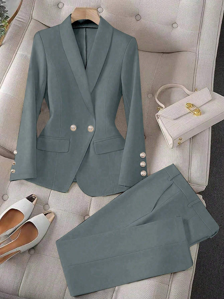 Calvaya Apricot Double-Breasted Long Sleeve Blazer And Pants Elegant Women's Suit Set