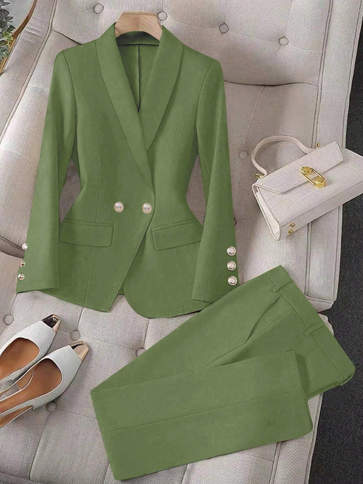 Calvaya Apricot Double-Breasted Long Sleeve Blazer And Pants Elegant Women's Suit Set