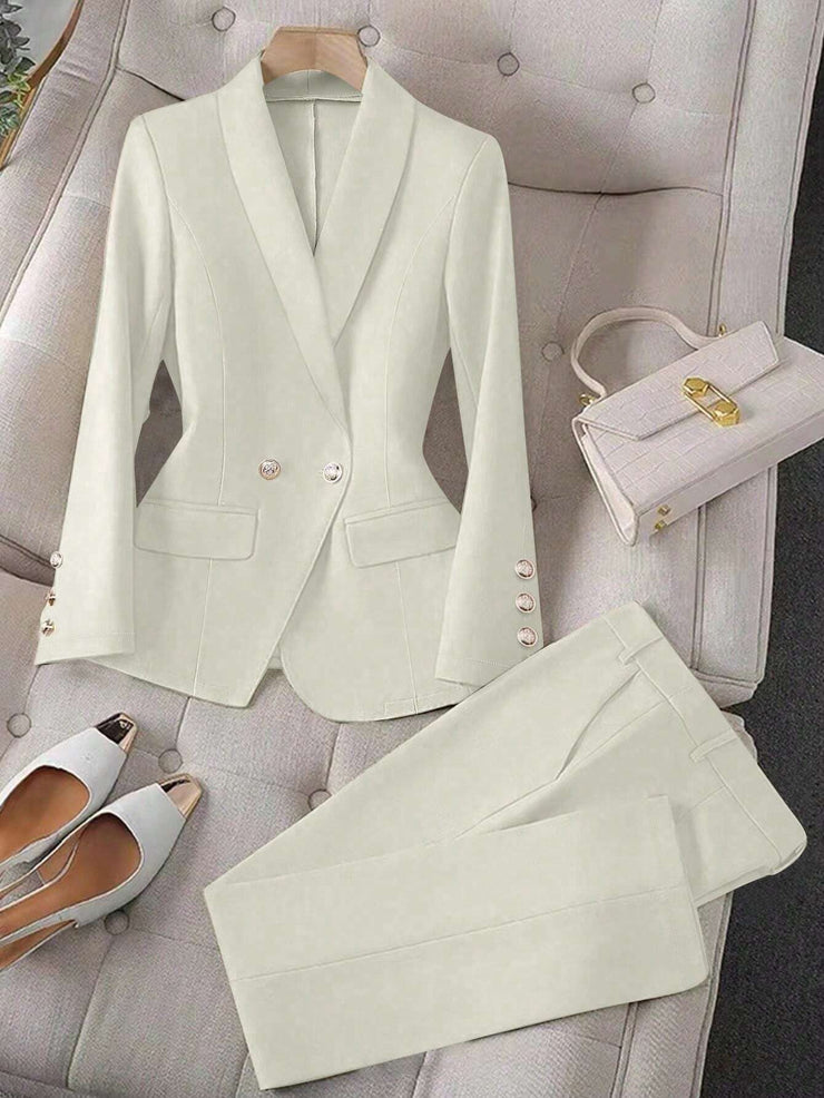 Calvaya Apricot Double-Breasted Long Sleeve Blazer And Pants Elegant Women's Suit Set