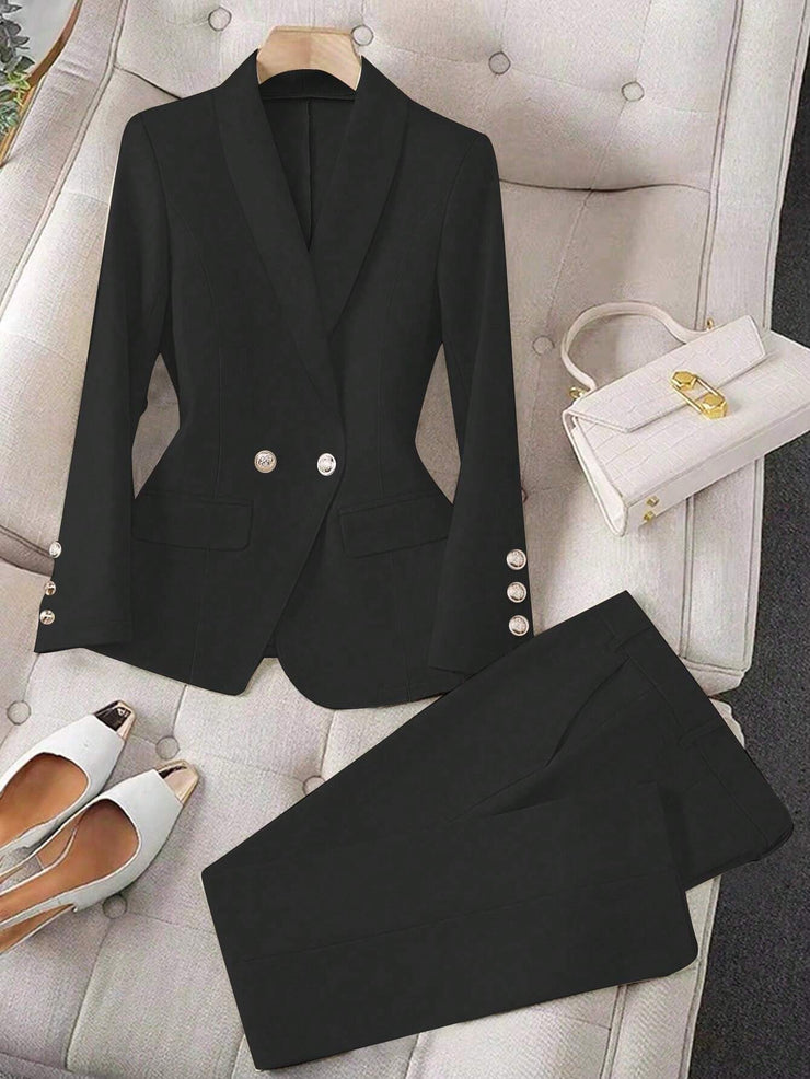 Calvaya Apricot Double-Breasted Long Sleeve Blazer And Pants Elegant Women's Suit Set