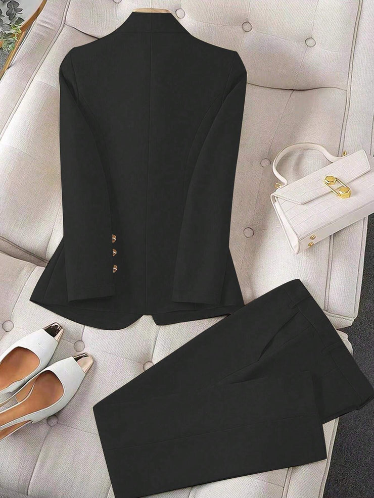 Calvaya Apricot Double-Breasted Long Sleeve Blazer And Pants Elegant Women's Suit Set