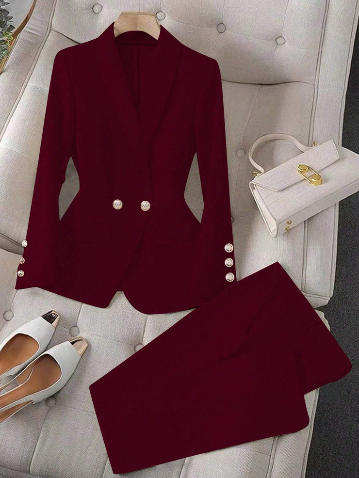 Calvaya Apricot Double-Breasted Long Sleeve Blazer And Pants Elegant Women's Suit Set