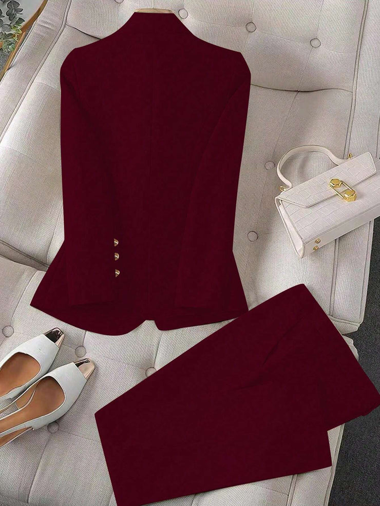 Calvaya Apricot Double-Breasted Long Sleeve Blazer And Pants Elegant Women's Suit Set