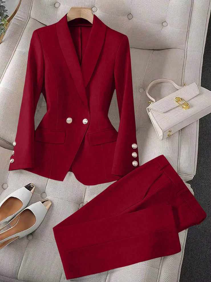 Calvaya Apricot Double-Breasted Long Sleeve Blazer And Pants Elegant Women's Suit Set