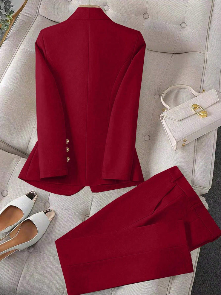 Calvaya Apricot Double-Breasted Long Sleeve Blazer And Pants Elegant Women's Suit Set