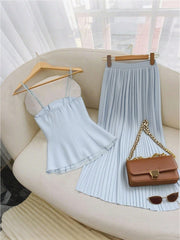 Franclia Light Green Women Camisole Top With Design Details & Elastic Waist Pleated Long Skirt