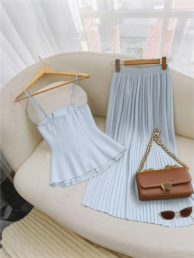 Franclia Light Green Women Camisole Top With Design Details & Elastic Waist Pleated Long Skirt