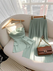 Franclia Light Green Women Camisole Top With Design Details & Elastic Waist Pleated Long Skirt