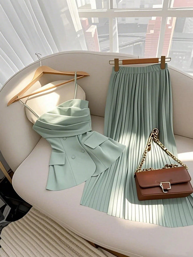 Franclia Light Green Women Camisole Top With Design Details & Elastic Waist Pleated Long Skirt
