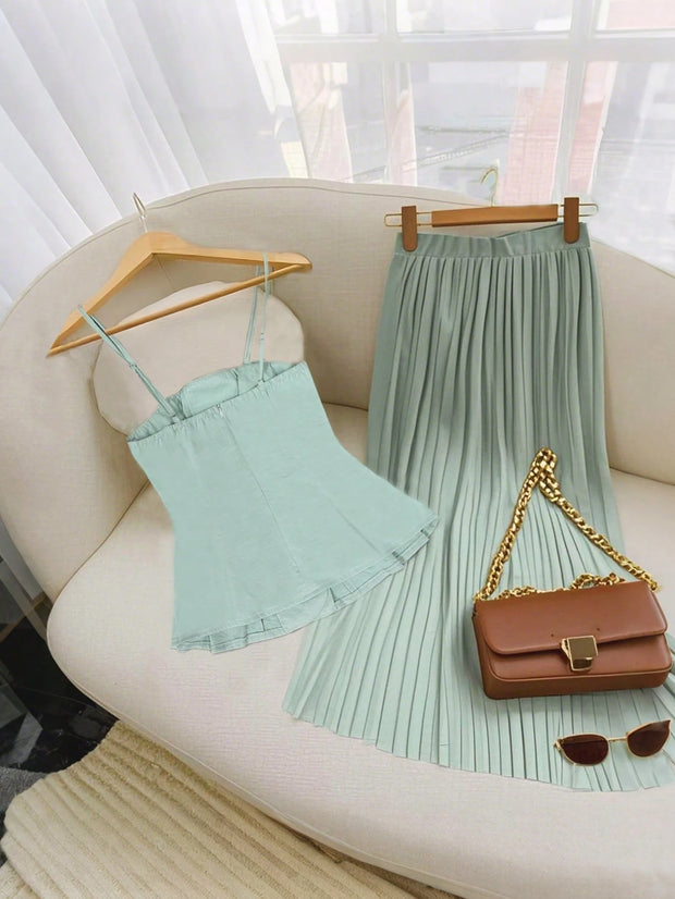 Franclia Light Green Women Camisole Top With Design Details & Elastic Waist Pleated Long Skirt