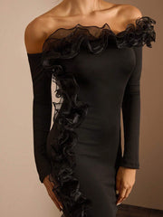 Glamine 1pc Women's Asymmetrical Ruffle Trim Off-Shoulder Long Sleeve Dress