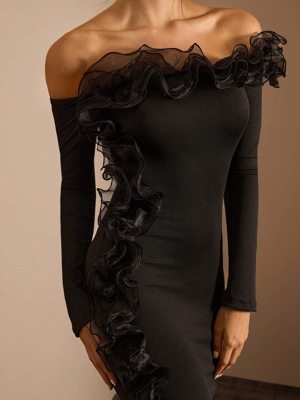 Glamine 1pc Women's Asymmetrical Ruffle Trim Off-Shoulder Long Sleeve Dress