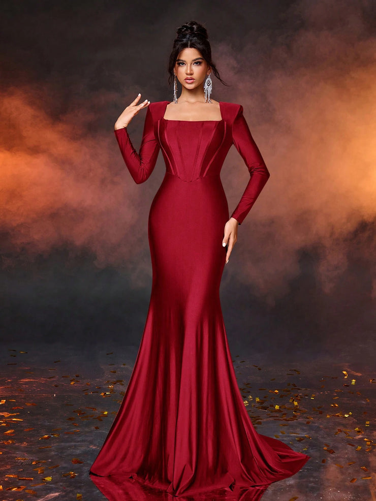 Glamrae Elegant Simple Square Neck Puff Sleeve Front Panel Fitted High Waist Dress