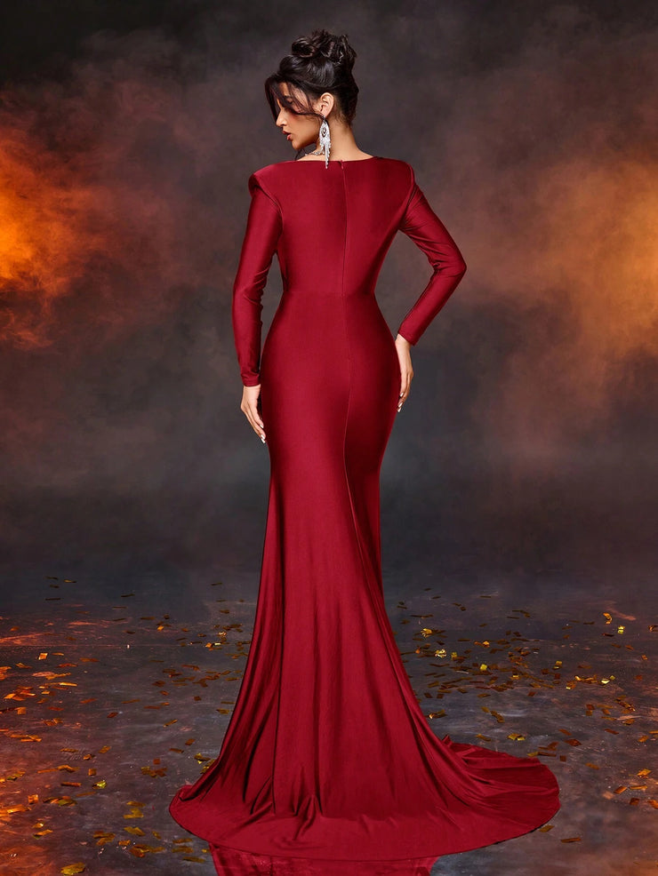 Glamrae Elegant Simple Square Neck Puff Sleeve Front Panel Fitted High Waist Dress