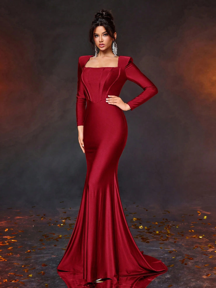 Glamrae Elegant Simple Square Neck Puff Sleeve Front Panel Fitted High Waist Dress