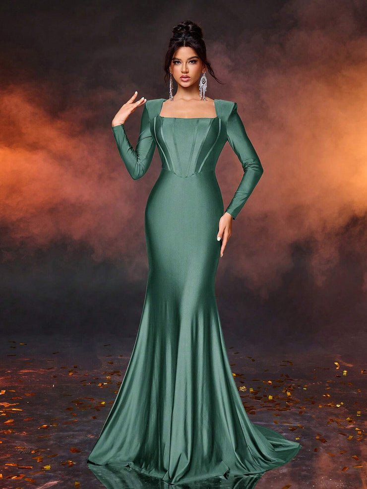 Glamrae Elegant Simple Square Neck Puff Sleeve Front Panel Fitted High Waist Dress