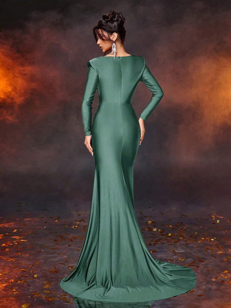 Glamrae Elegant Simple Square Neck Puff Sleeve Front Panel Fitted High Waist Dress