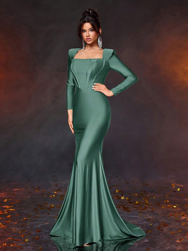 Glamrae Elegant Simple Square Neck Puff Sleeve Front Panel Fitted High Waist Dress