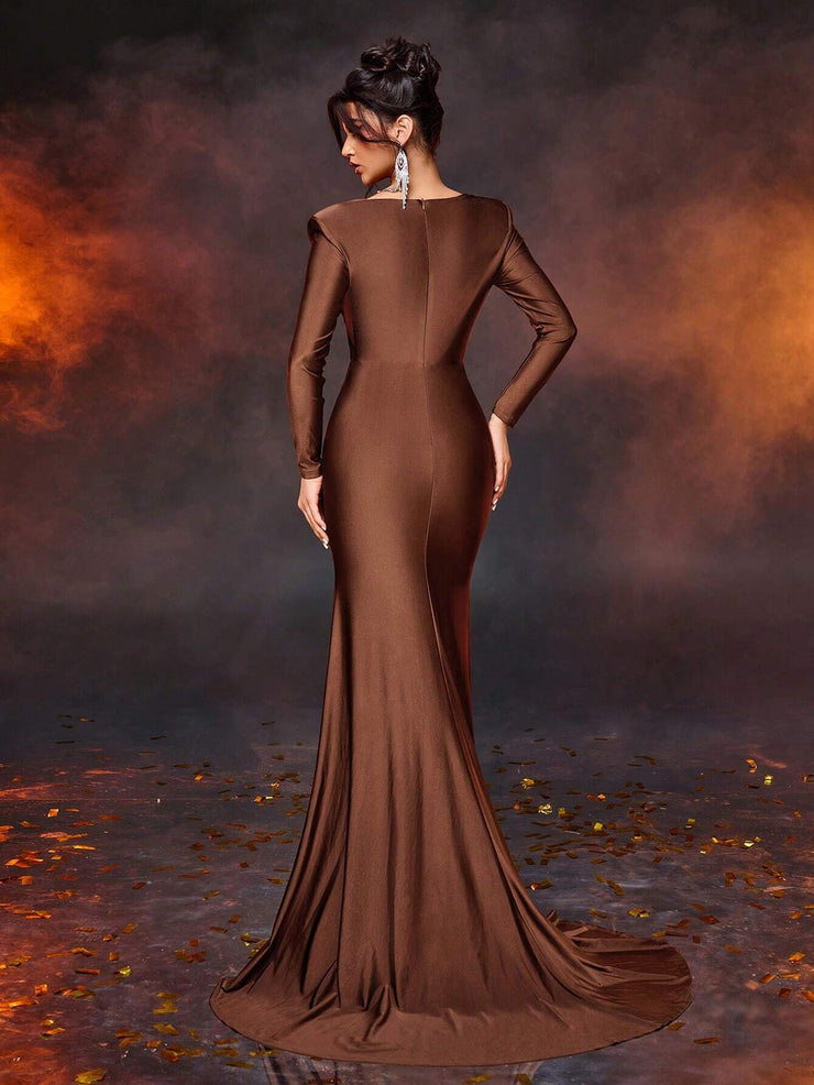 Glamrae Elegant Simple Square Neck Puff Sleeve Front Panel Fitted High Waist Dress