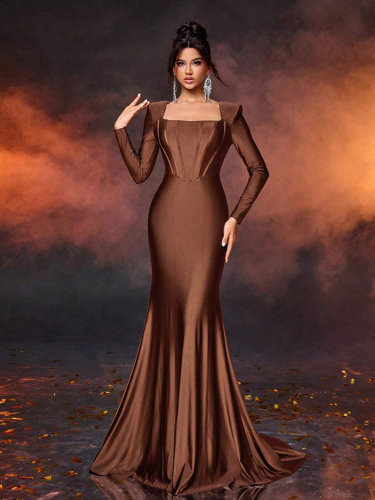 Glamrae Elegant Simple Square Neck Puff Sleeve Front Panel Fitted High Waist Dress
