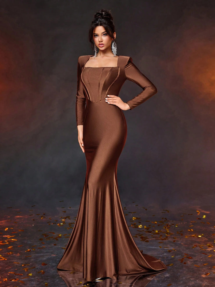 Glamrae Elegant Simple Square Neck Puff Sleeve Front Panel Fitted High Waist Dress