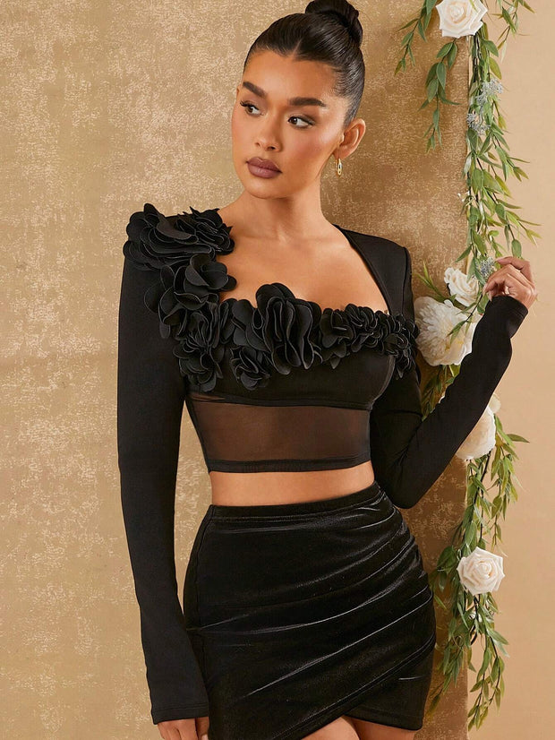 Hauture Women's Solid Color Square Collar Ruffle Mesh Contrast Long Sleeve Top