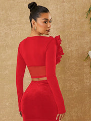 Hauture Women's Solid Color Square Collar Ruffle Mesh Contrast Long Sleeve Top