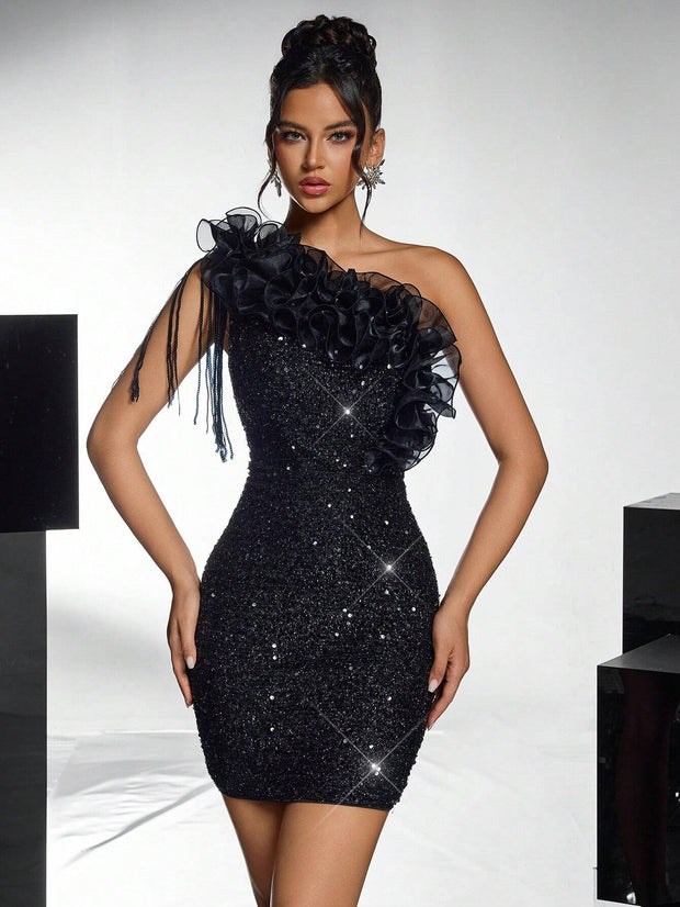 Lovelzi Elegant And Gorgeous Black Fine Sequin Contrast Organza One-Shoulder Cocktail Dress