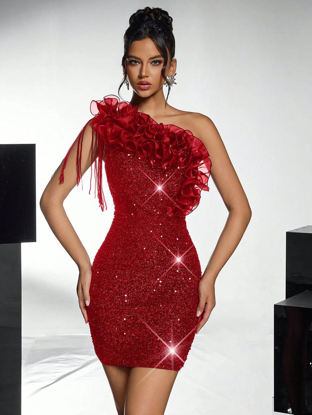 Lovelzi Elegant And Gorgeous Black Fine Sequin Contrast Organza One-Shoulder Cocktail Dress