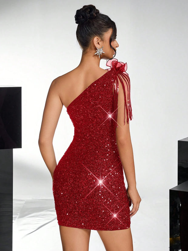 Lovelzi Elegant And Gorgeous Black Fine Sequin Contrast Organza One-Shoulder Cocktail Dress