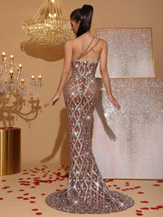 Luxury Handcrafted Sequined Spaghetti Strap Sleeveless Sheer Mesh Bodycon Dress