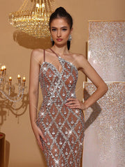 Luxury Handcrafted Sequined Spaghetti Strap Sleeveless Sheer Mesh Bodycon Dress