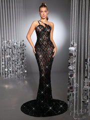 Luxury Handcrafted Sequined Spaghetti Strap Sleeveless Sheer Mesh Bodycon Dress