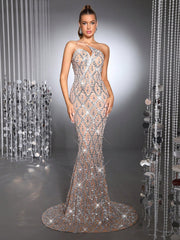 Luxury Handcrafted Sequined Spaghetti Strap Sleeveless Sheer Mesh Bodycon Dress