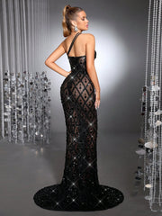 Luxury Handcrafted Sequined Spaghetti Strap Sleeveless Sheer Mesh Bodycon Dress