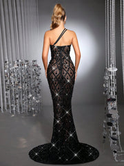 Luxury Handcrafted Sequined Spaghetti Strap Sleeveless Sheer Mesh Bodycon Dress