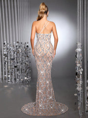 Luxury Handcrafted Sequined Spaghetti Strap Sleeveless Sheer Mesh Bodycon Dress