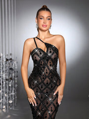 Luxury Handcrafted Sequined Spaghetti Strap Sleeveless Sheer Mesh Bodycon Dress