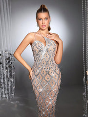 Luxury Handcrafted Sequined Spaghetti Strap Sleeveless Sheer Mesh Bodycon Dress