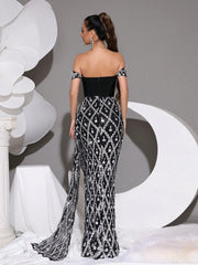 Luxury Shiny Heavy Crystal Diamond Sequins See-Through Mesh Long Dress One-Shoulder Neck Sexy Bodycon