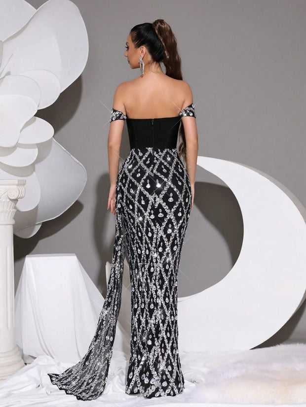 Luxury Shiny Heavy Crystal Diamond Sequins See-Through Mesh Long Dress One-Shoulder Neck Sexy Bodycon