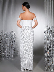 Luxury Shiny Heavy Crystal Diamond Sequins See-Through Mesh Long Dress One-Shoulder Neck Sexy Bodycon