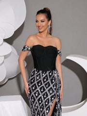 Luxury Shiny Heavy Crystal Diamond Sequins See-Through Mesh Long Dress One-Shoulder Neck Sexy Bodycon