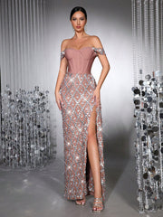 Luxury Shiny Heavy Crystal Diamond Sequins See-Through Mesh Long Dress One-Shoulder Neck Sexy Bodycon