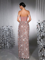 Luxury Shiny Heavy Crystal Diamond Sequins See-Through Mesh Long Dress One-Shoulder Neck Sexy Bodycon