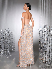 Luxury Shiny Heavy Crystal Diamond Sequins See-Through Mesh Long Dress One-Shoulder Neck Sexy Bodycon